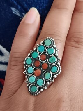 Native American Turquoise & Coral Multi-Sterling Silver Ring Size 5